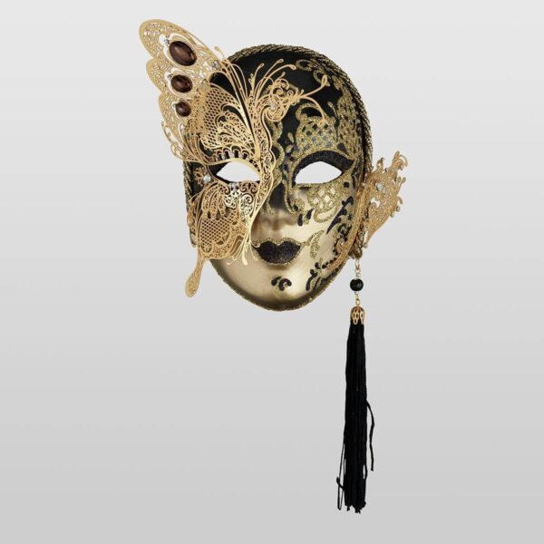 Small Face with Half Butterfly in Metal and Rhinestone - Black Color - Venetian Mask