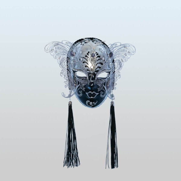 Small Face with two Wings in Metal and Rhinestone - Silver Color - Venetian Mask