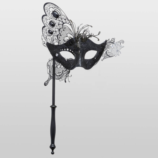 Colombina mit halbem Schmetterling und Stock - Total Schwarz - Venezianische Maske