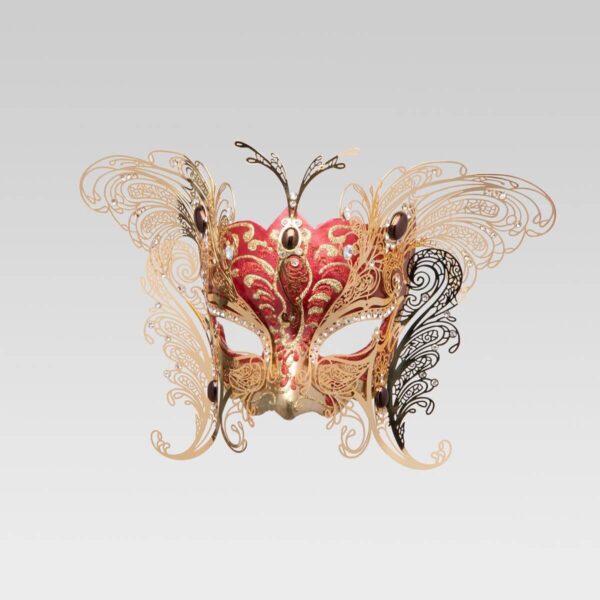 Dominetto - Masque Colombina avec deux ailes en métal - Rouge - Masque Vénitien