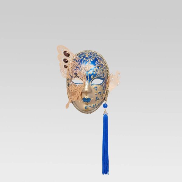 Small Face with Half Butterfly in Metal and Rhinestone - Blue Color - Venetian Mask
