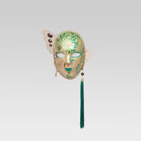 Small Face with Half Butterfly in Metal and Rhinestone - Green Color - Venetian Mask