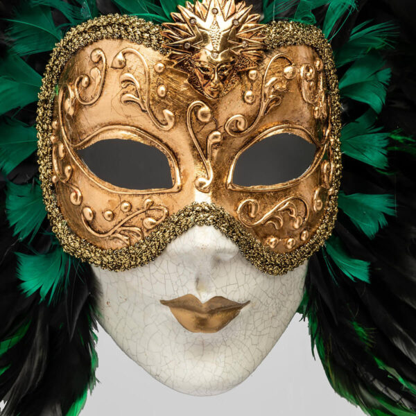 Piuma volto intero crequelle in papier mache - Green - Detail 2 - Venetian Mask