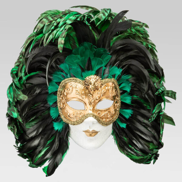 Piuma volto intero crequelle in papier mache - Green - Venetian Mask